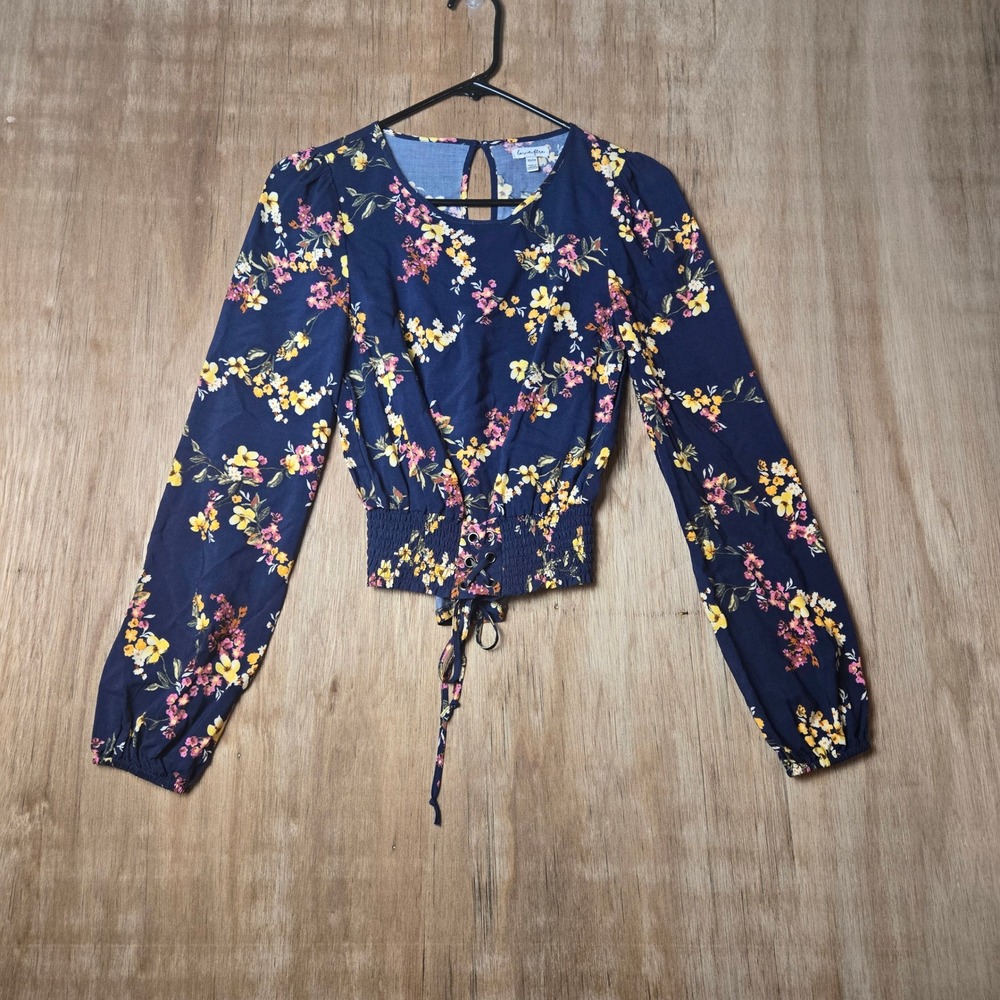 Floral Corset Smocked Waist Blouse Navy Long Sleeve Lace Up Top Love, Fire XS